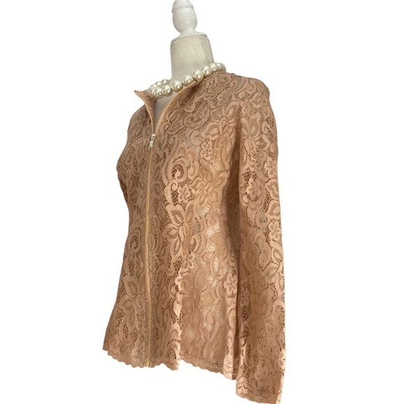 Josie Natori Lacquer Nude Lace Top NWT Zip front Semi Sheer Peplum - Picture 10 of 13